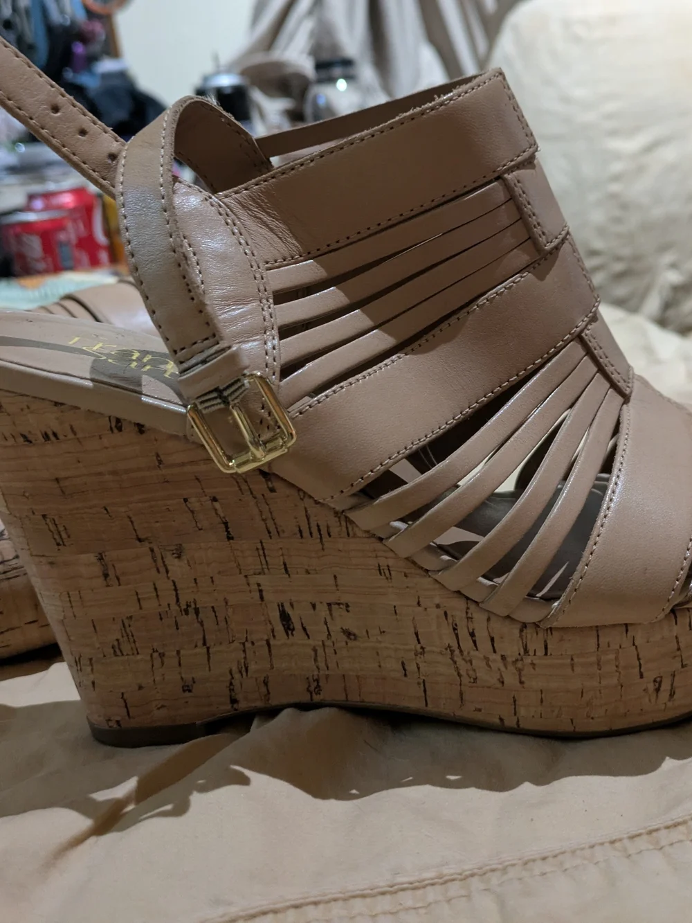 Franco Sarto Nude Taupe Strappy Wedge Sandals
