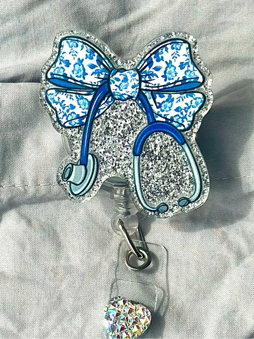 Blue Floral Bow Stethoscope Badge Reel