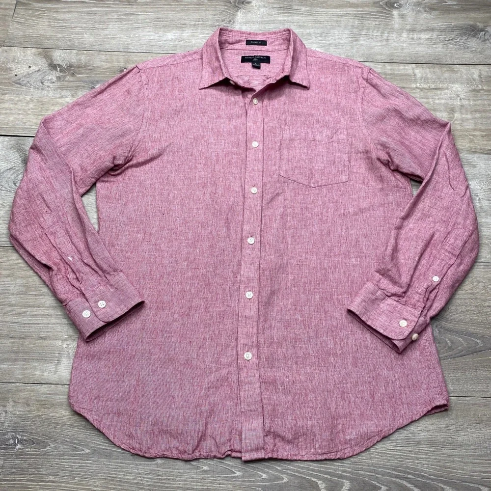 Banana Republic Linen Cotton Shirt Mens L Red Slim Fit Long Sleeve Casual Summer