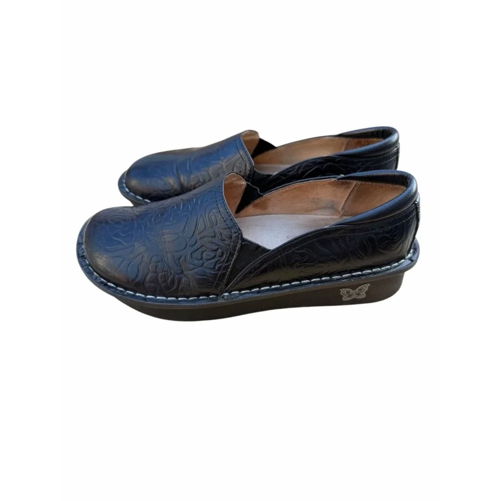 Alegria Debra Black Embossed Leather Clogs‎ Comfort Shoes EU 37