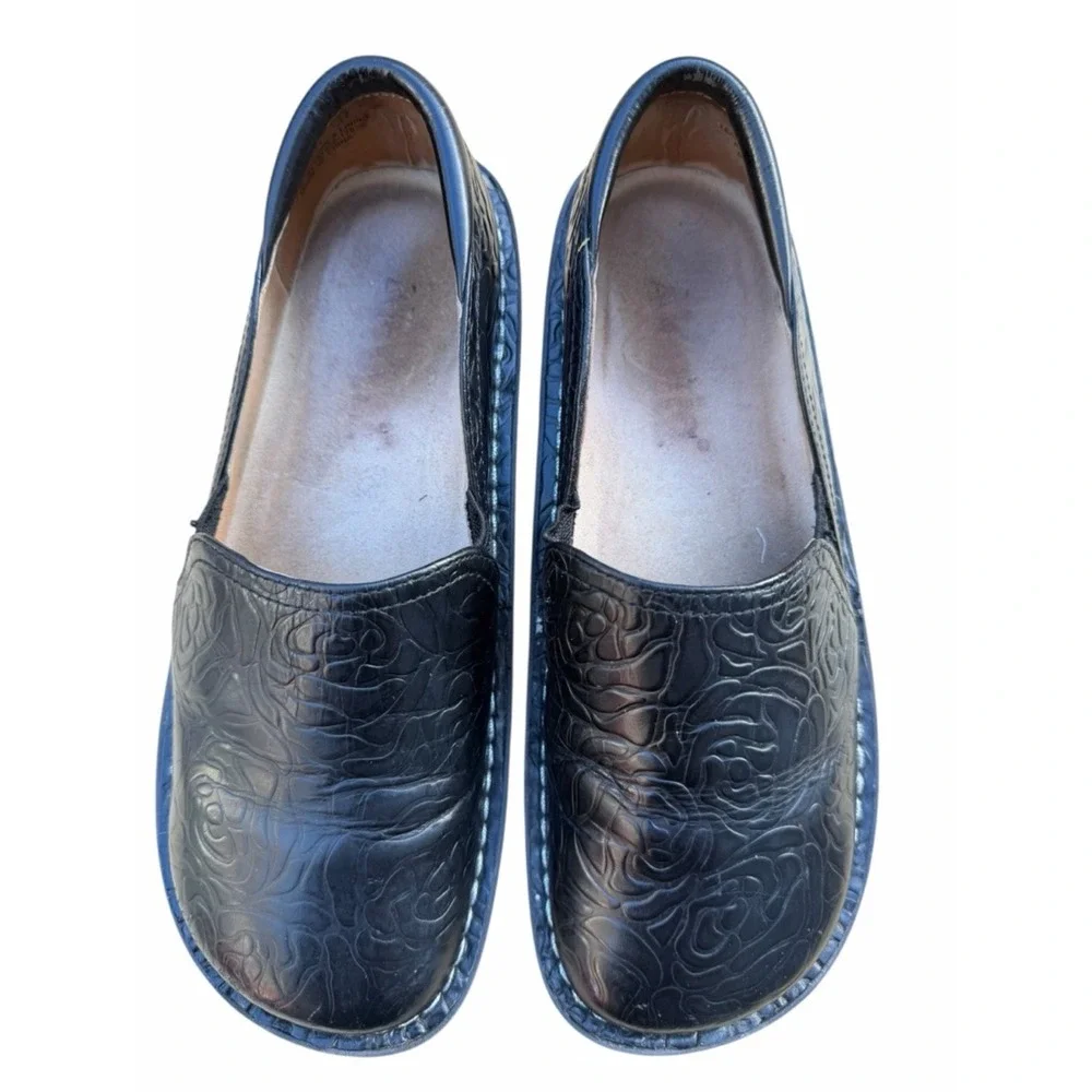 Alegria Debra Black Embossed Leather Clogs‎ Comfort Shoes EU 37