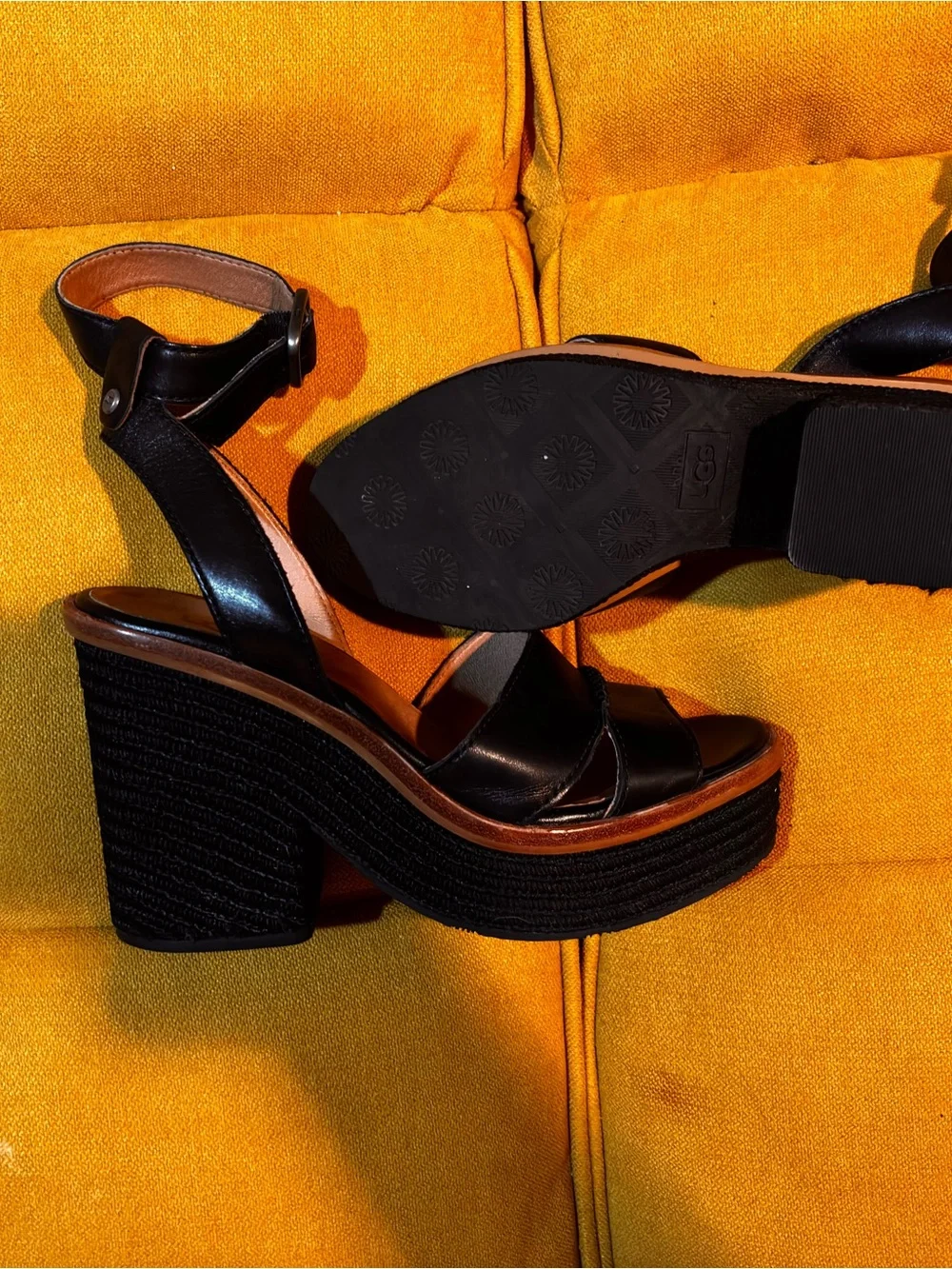 UGG Black Leather Platform Sandals with Brown Trim