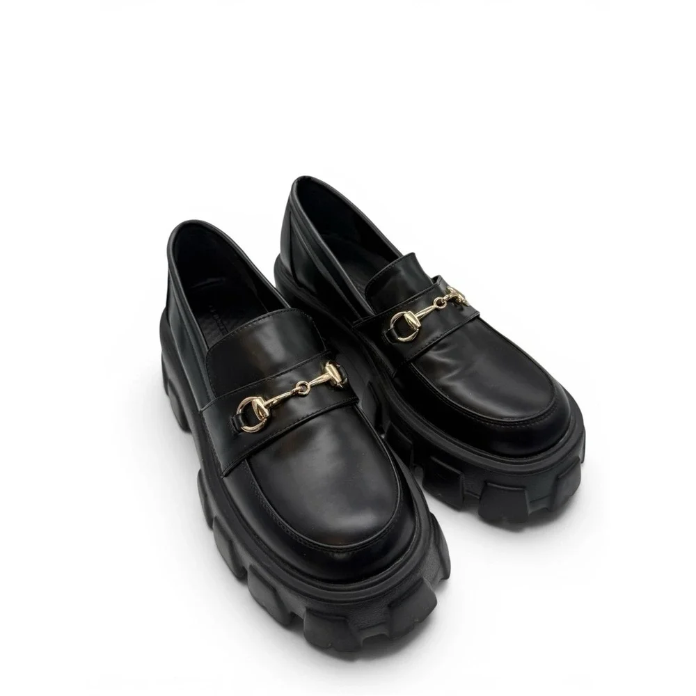 Princess Polly Black Faux Leather Lug Sole Loafers with Gold Hardware