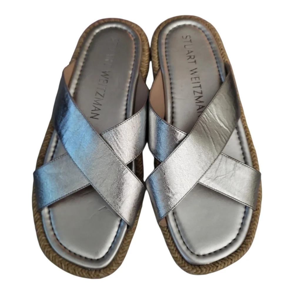 Stuart Weitzman‎ Roza Lift Slide Sandals in Silver 7.8 (Fits As 8.5)