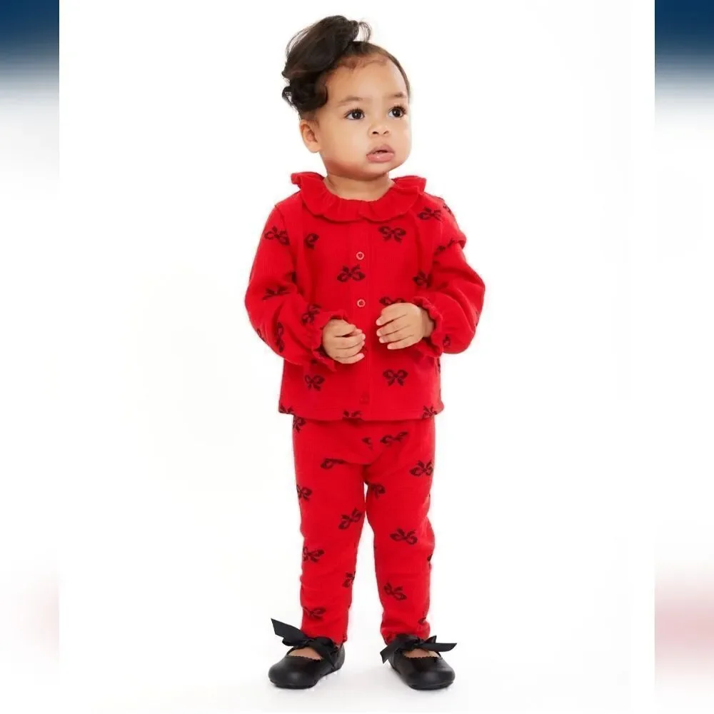 New Baby Girl Christmas Holiday Cardigan and Pant outfit, Red