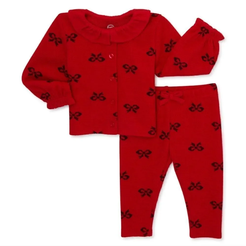 New Baby Girl Christmas Holiday Cardigan and Pant outfit, Red