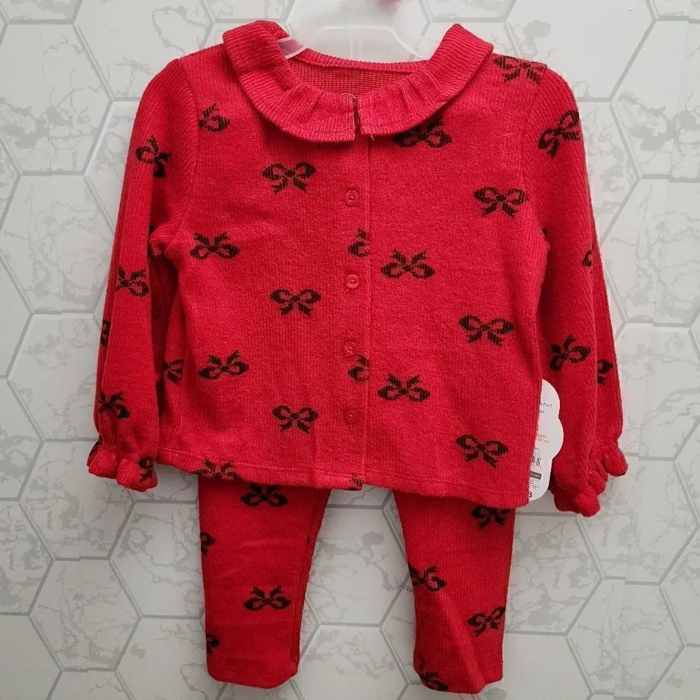 New Baby Girl Christmas Holiday Cardigan and Pant outfit, Red
