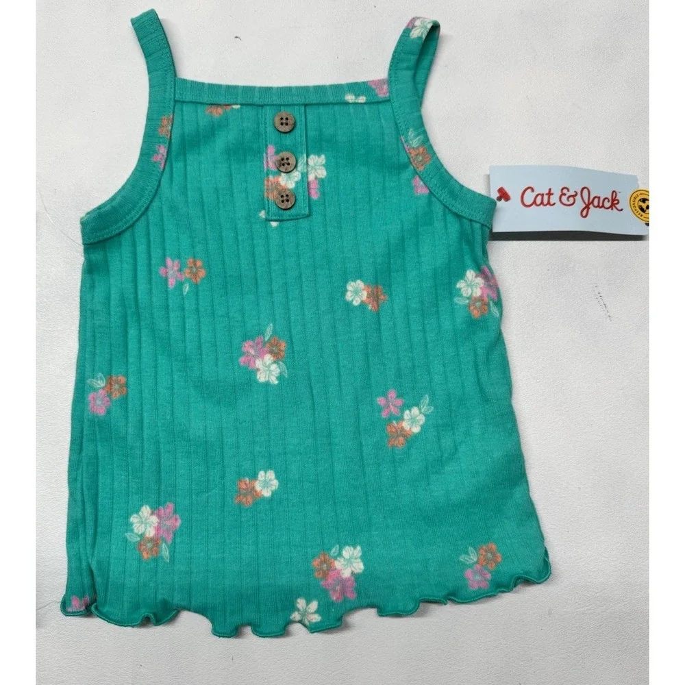 Cat & Jack Girls 2Pc Floral Tank Top‎ & Shorts Teal Ribbed Summer Set