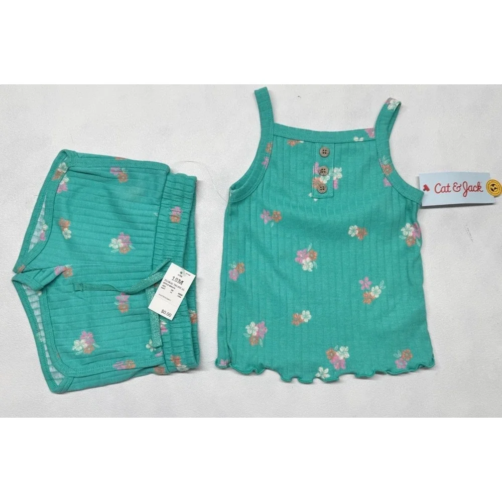 Cat & Jack Girls 2Pc Floral Tank Top‎ & Shorts Teal Ribbed Summer Set
