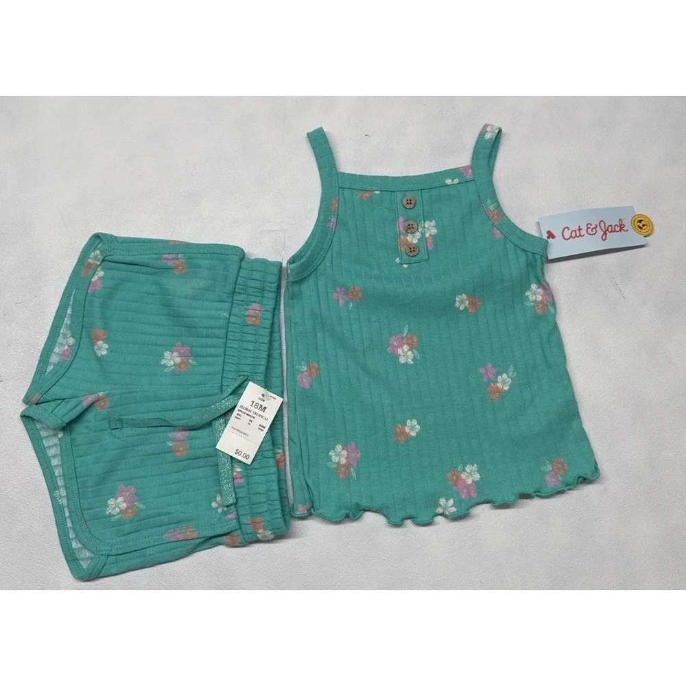 Cat & Jack Girls 2Pc Floral Tank Top‎ & Shorts Teal Ribbed Summer Set
