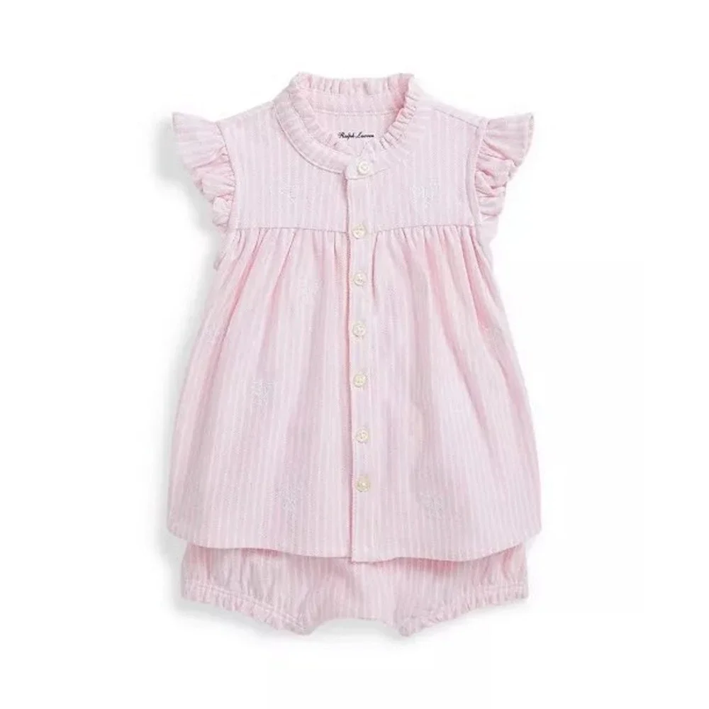 Ralph Lauren Baby Girls Pink White Stripe Tennis‎ Bow Dress Bloomers Set 24M NWT