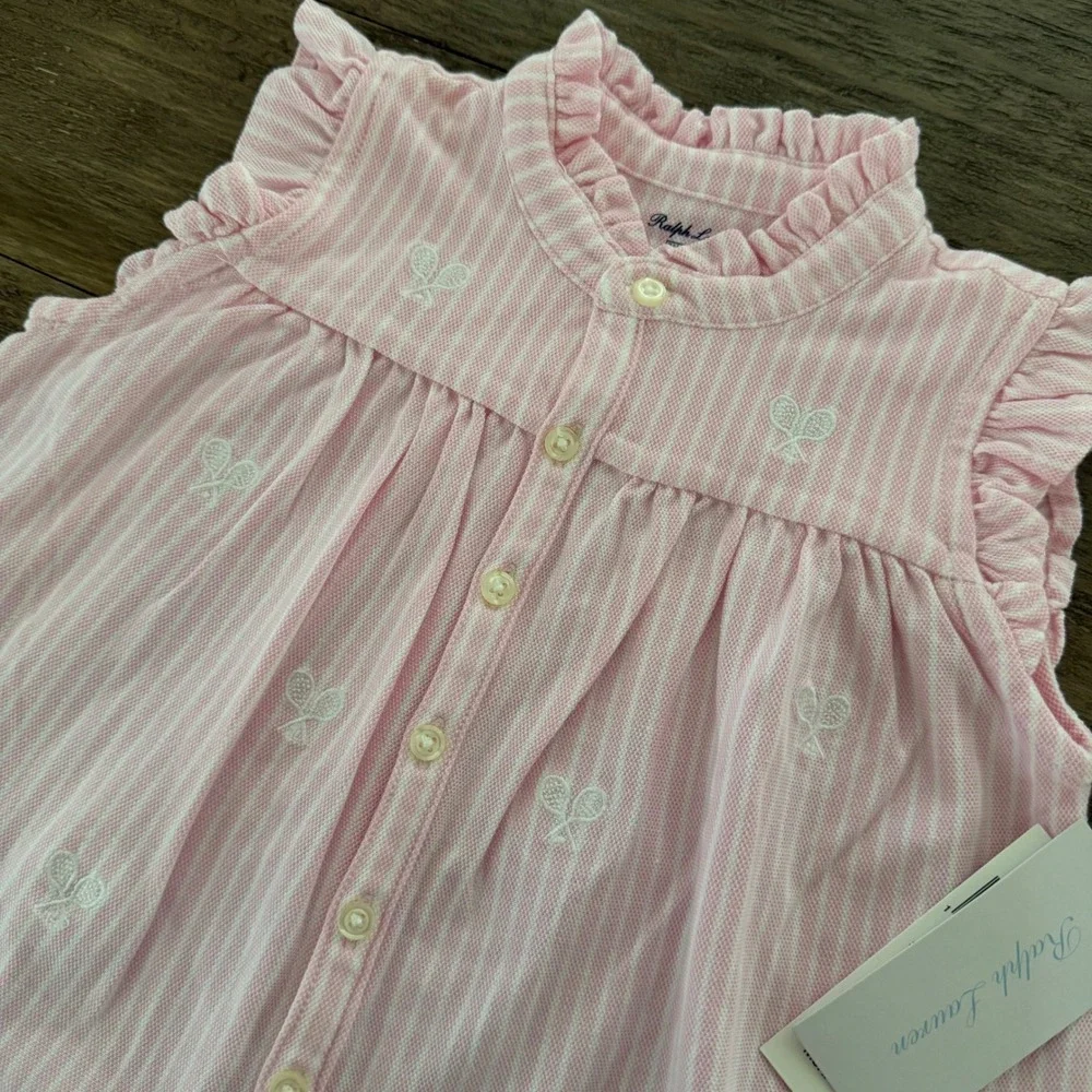 Ralph Lauren Baby Girls Pink White Stripe Tennis‎ Bow Dress Bloomers Set 24M NWT