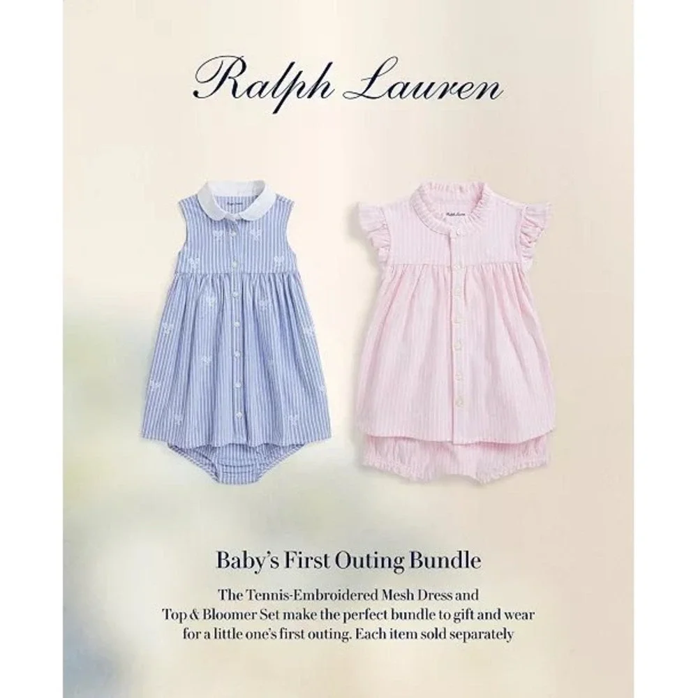 Ralph Lauren Baby Girls Pink White Stripe Tennis‎ Bow Dress Bloomers Set 24M NWT
