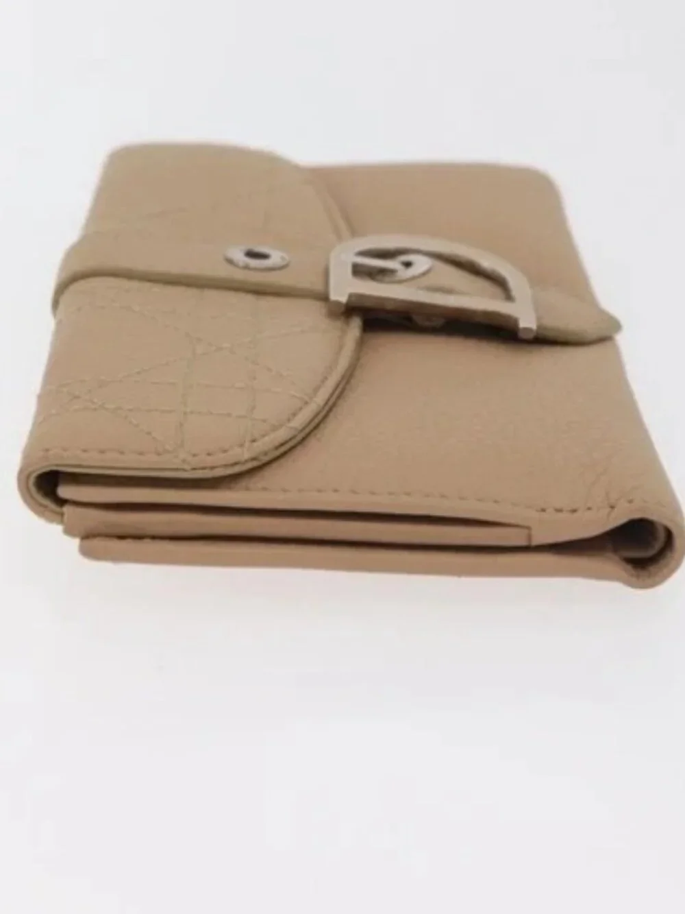 Christian Dior Bifold Wallet Leather Beige Silver Auth 181514