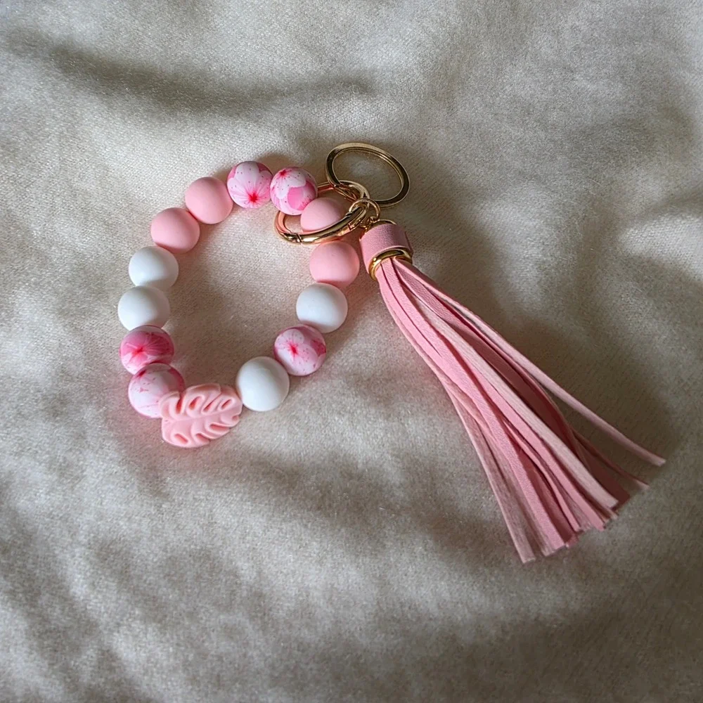 Pink Floral Silicone Bead Wristlet Keychain Monstera Leaf Tassel Gold Hardware