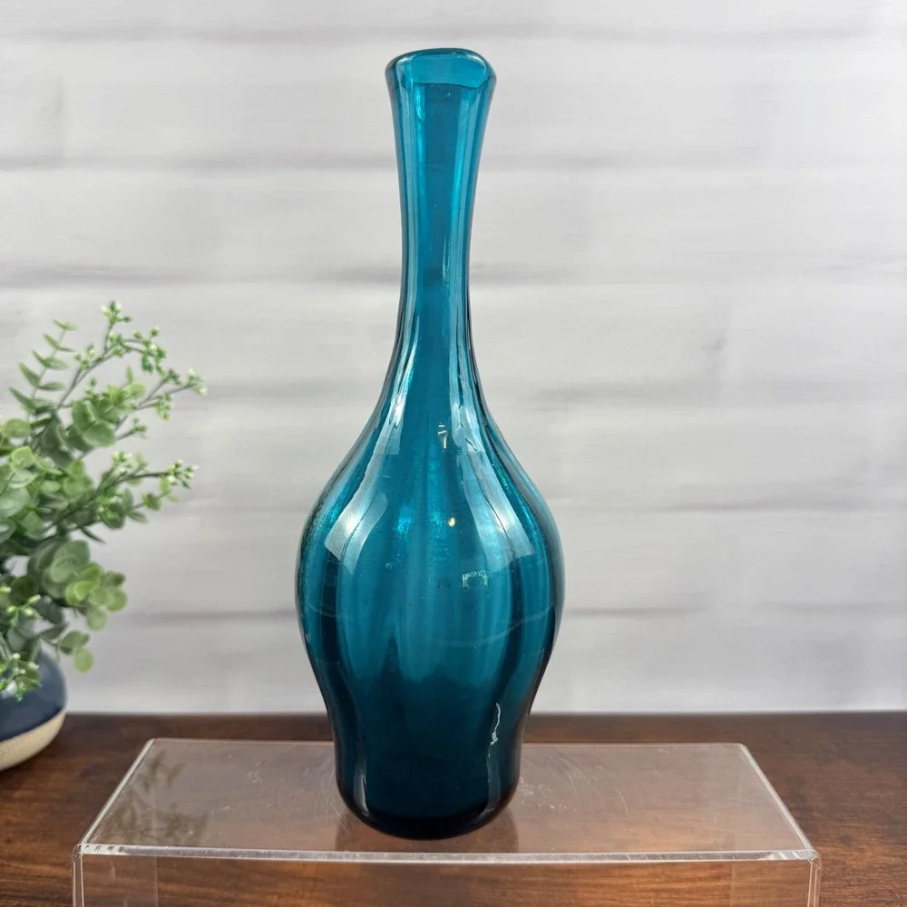 Blenko 64D Peacock Glass Bottle Vase Joel Myers MCM 10