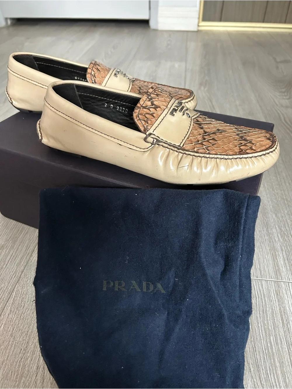 Rare PRADA Men’s Beige Brown Python-Trim Leather Loafers