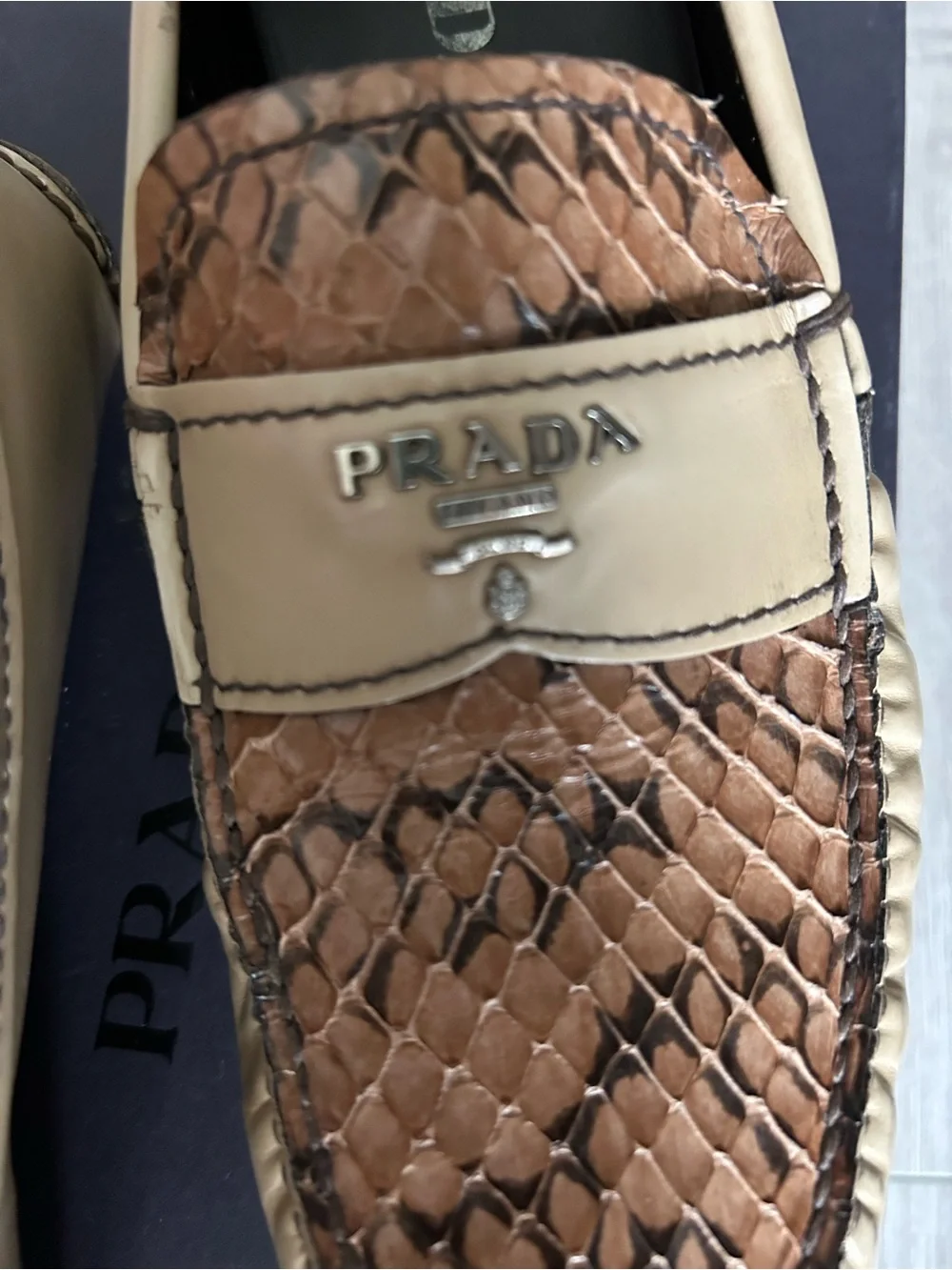 Rare PRADA Men’s Beige Brown Python-Trim Leather Loafers