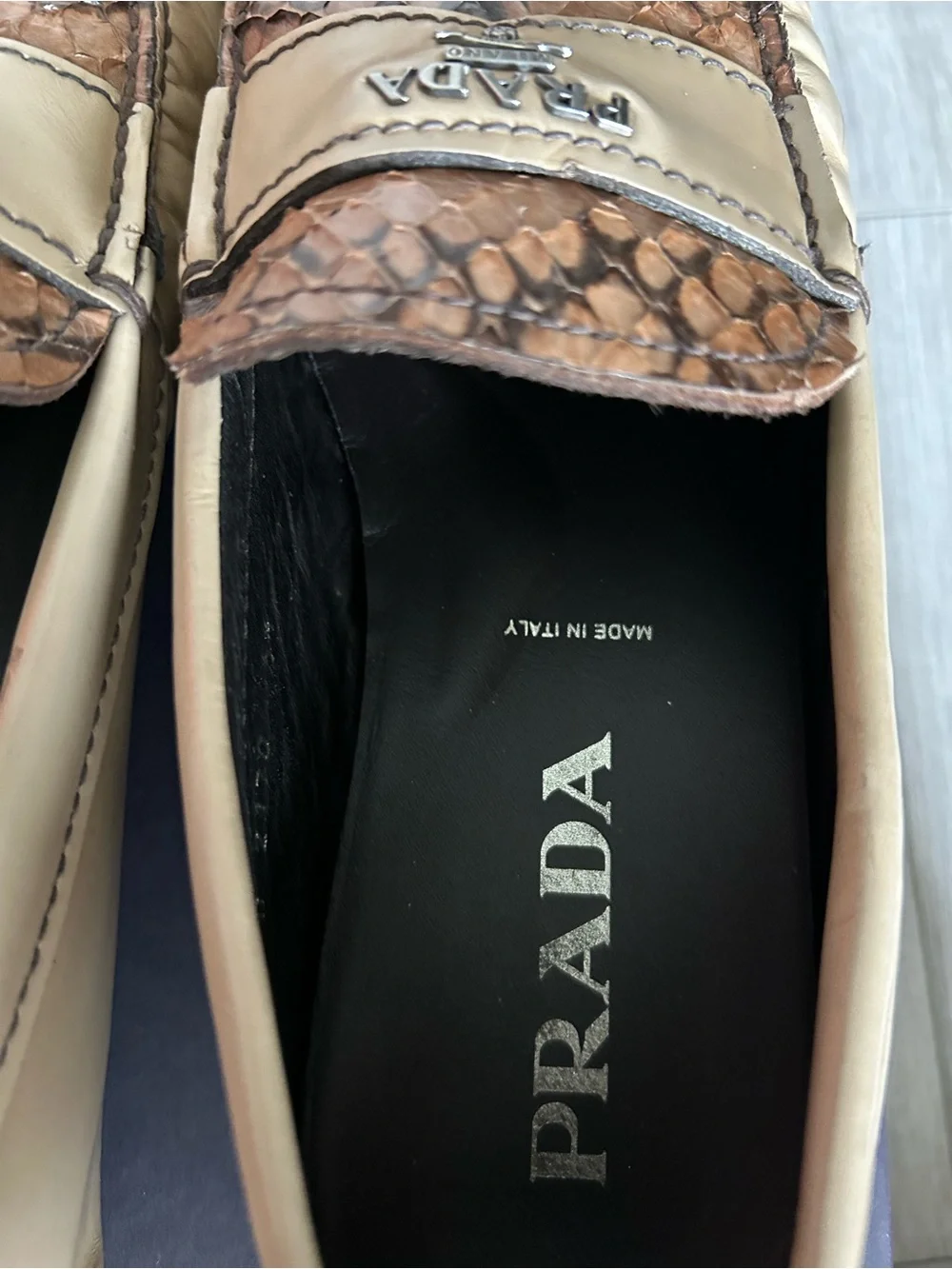 Rare PRADA Men’s Beige Brown Python-Trim Leather Loafers