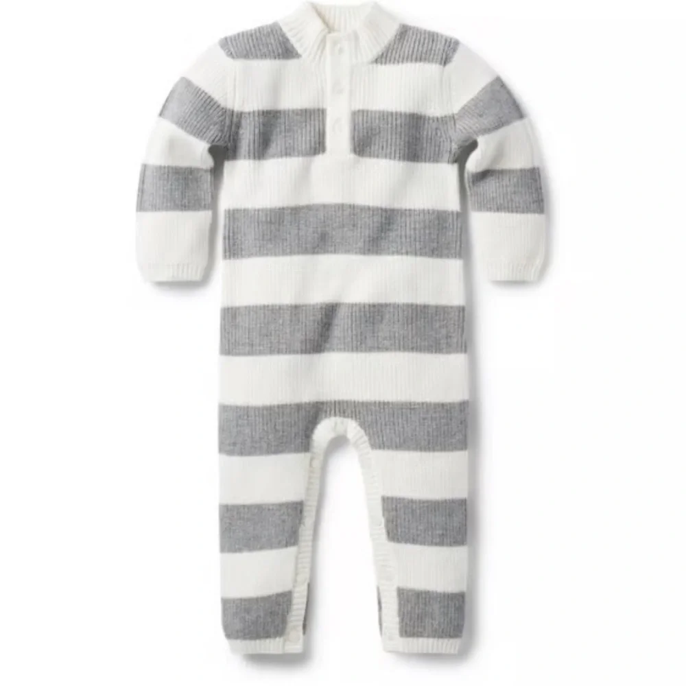 Janie and Jack Gray and White Striped Footie