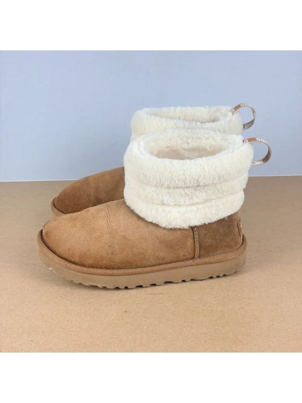 UGG Classic Mini Fluff Quilted Boot Womens 6 Tan Cream Pull On Casual