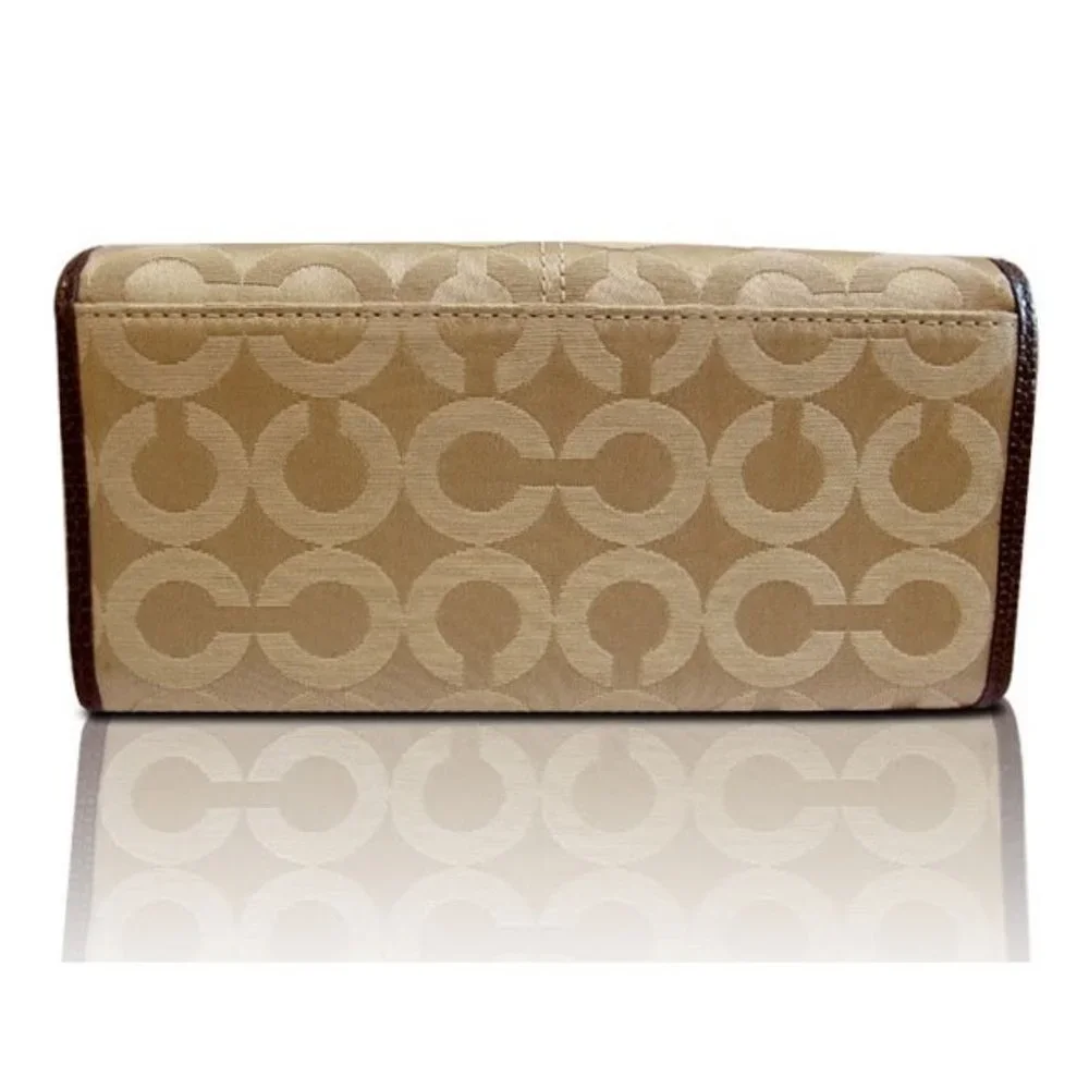 Coach Madison Op Art Clutch Wallet Beige Sateen & Leather Mahogany Khaki…