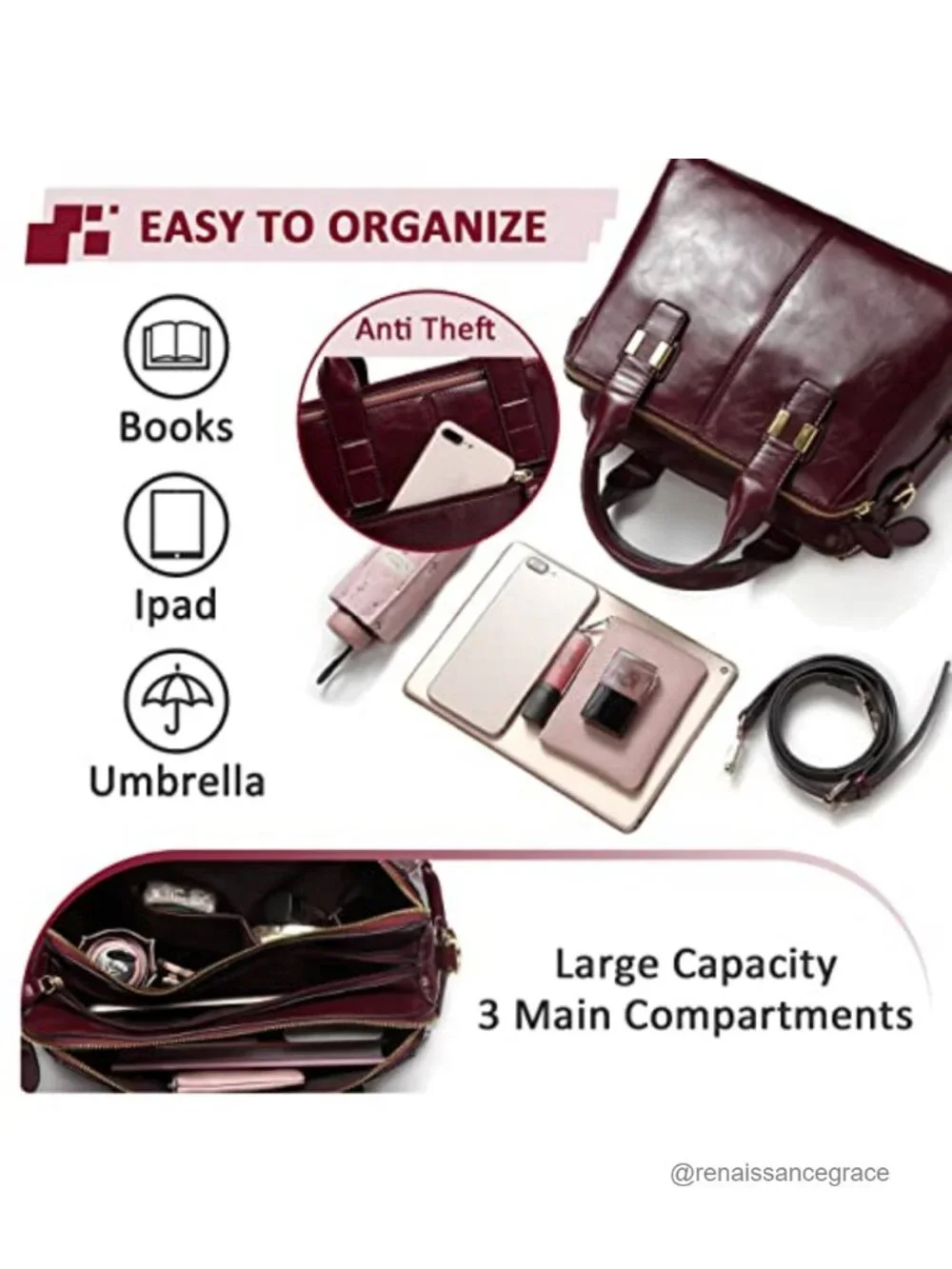 Faux Patent Leather Satchel Tote Bag for Women Work Purse Triple Compartments