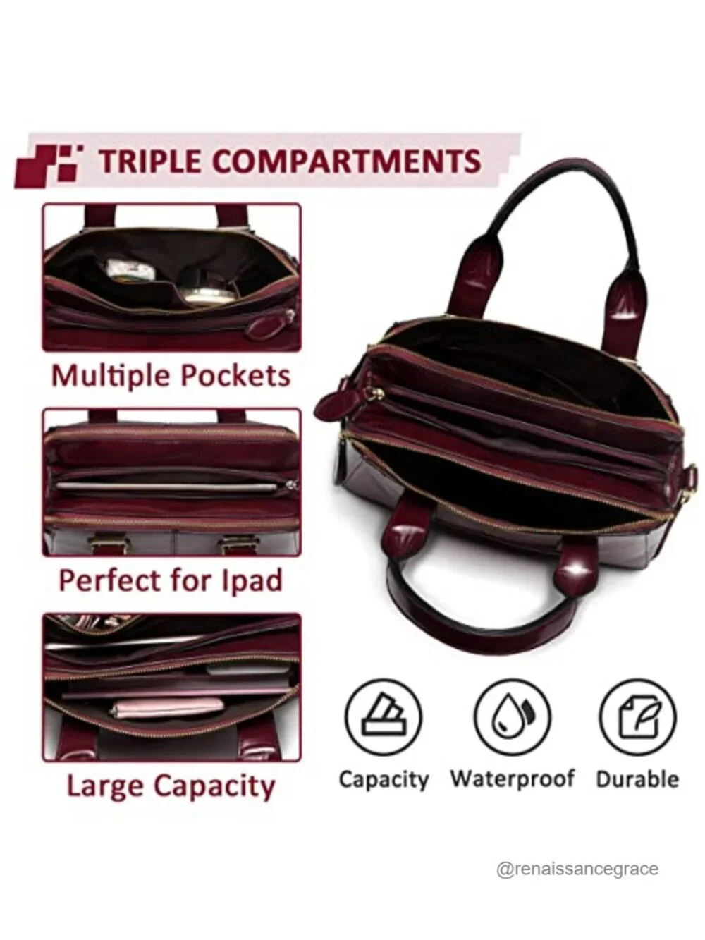 Faux Patent Leather Satchel Tote Bag for Women Work Purse Triple Compartments