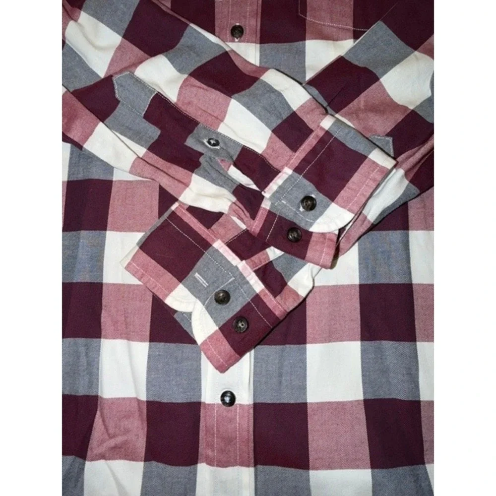 Banana Republic Luxe Flannel Shirt Mens Large Slim Fit Burgundy Plaid Buffalo