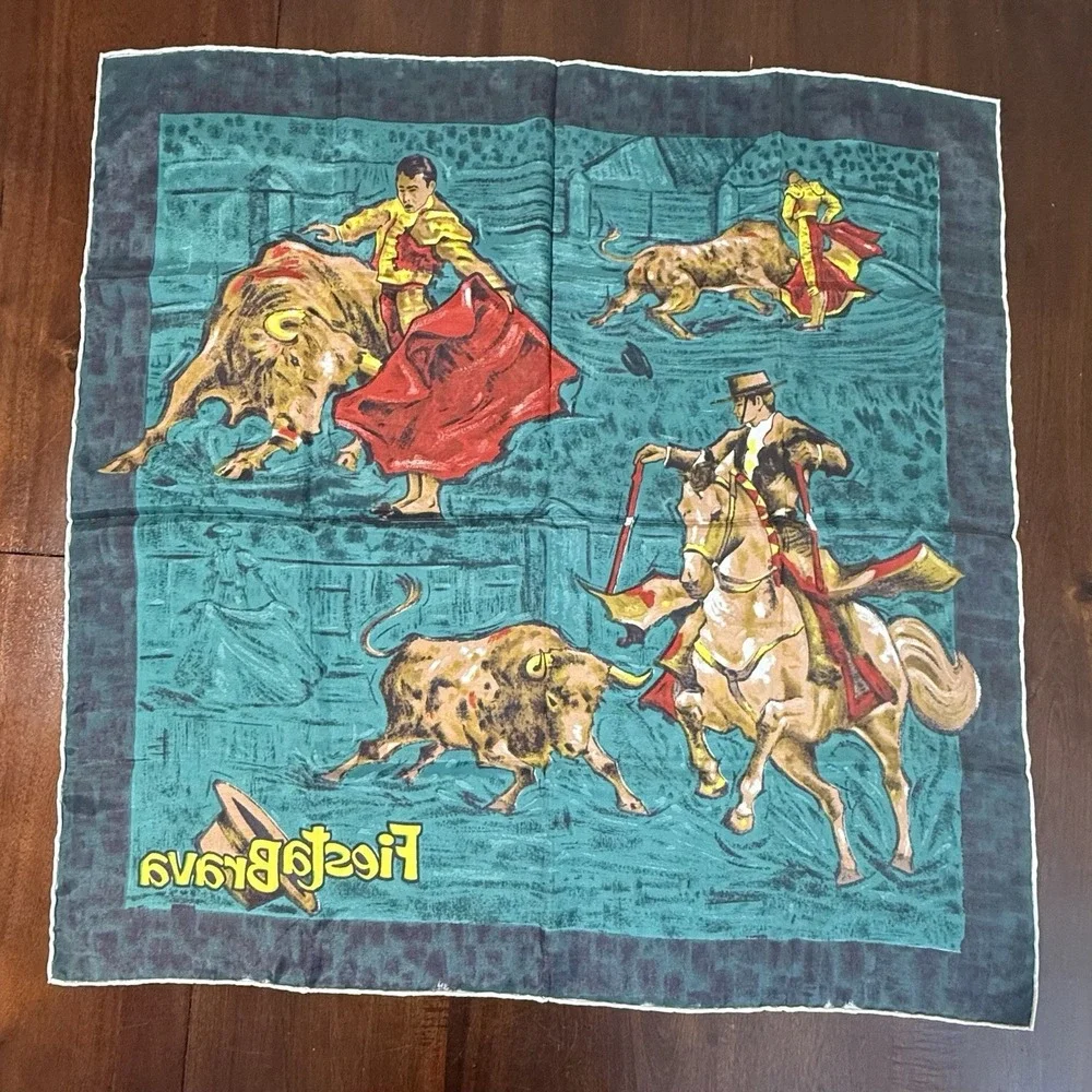 Fiesta Brava Bullfighting Scarf 30x30 Square Satin Feel Matador Toro Spanish Art