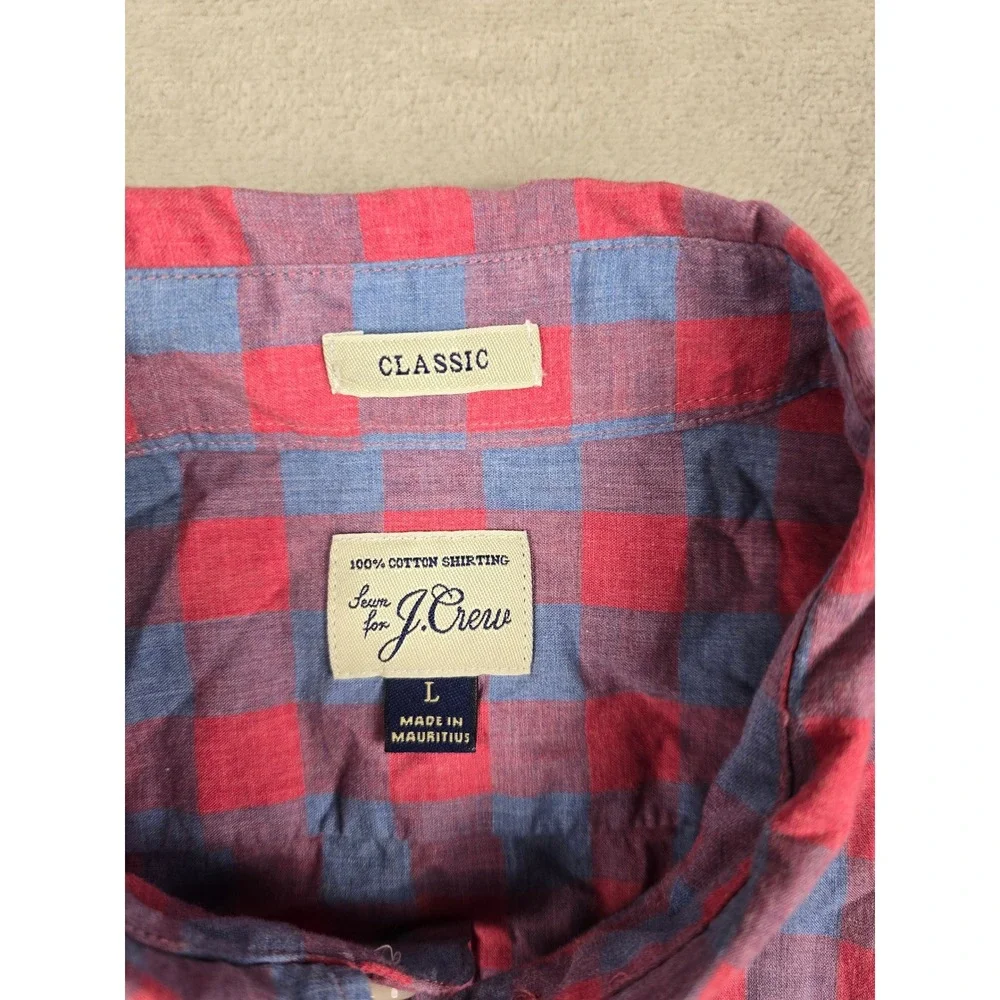J. Crew Button Down Shirt Mens Large Red Blue Gingham Check Short Sleeve Classic