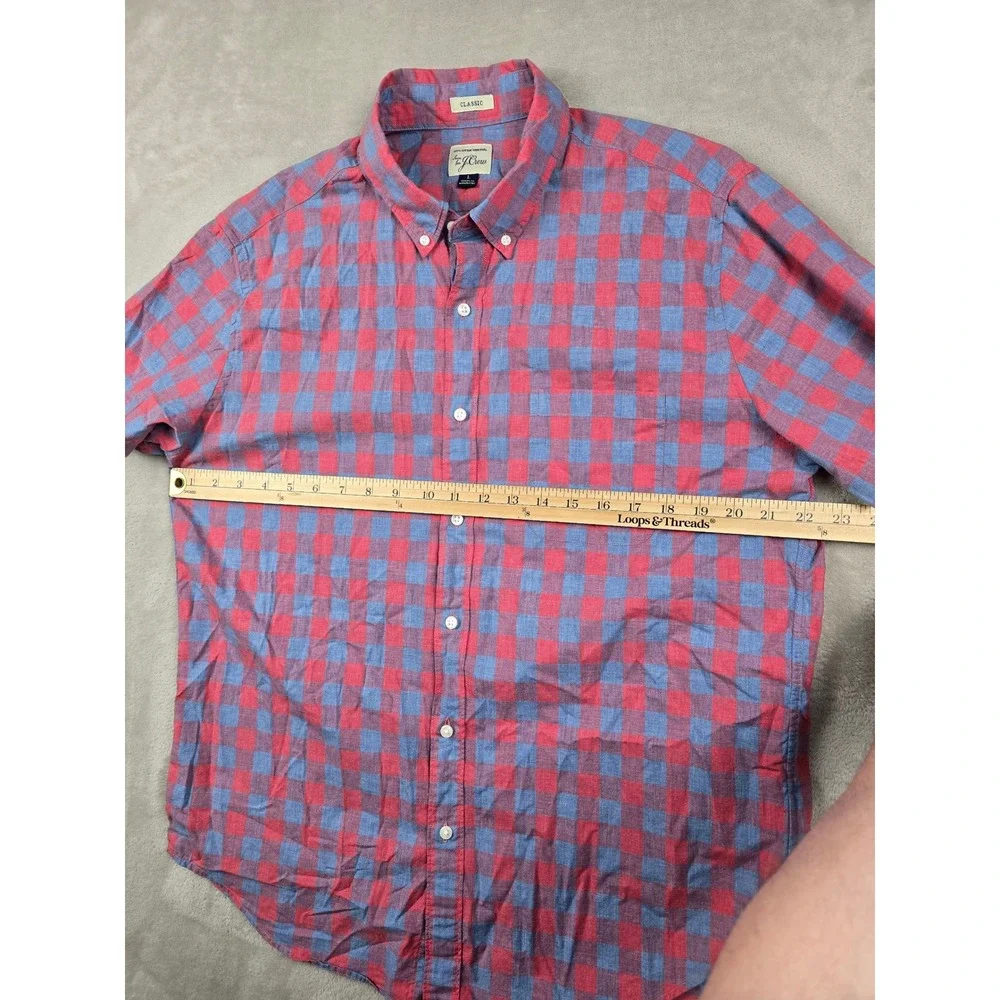 J. Crew Button Down Shirt Mens Large Red Blue Gingham Check Short Sleeve Classic