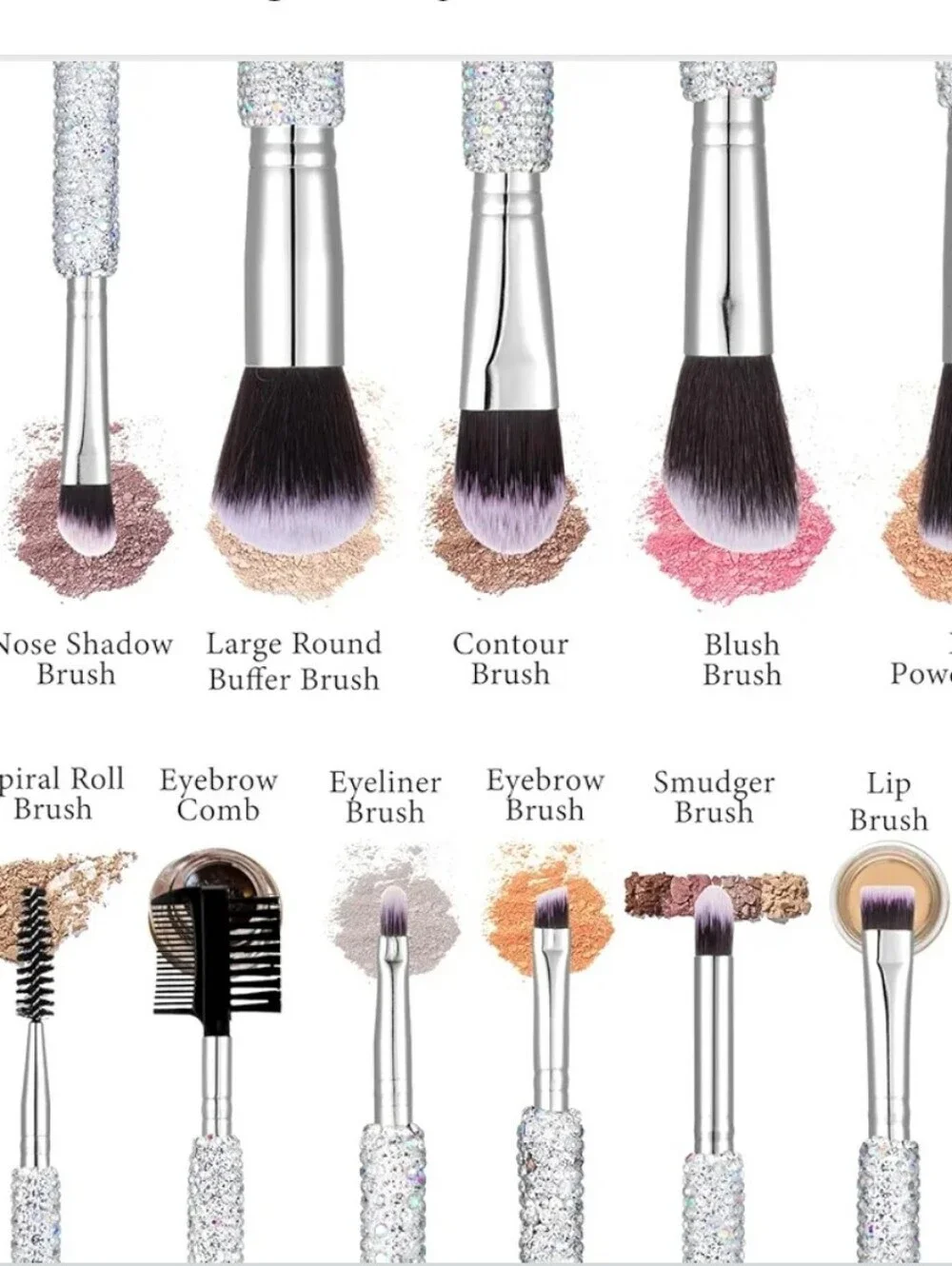 13-Piece Sparkle Rhinestone Makeup Brush Set - Silver / White