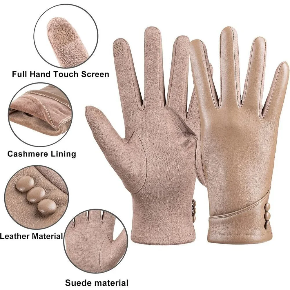 Women's Winter Leather Gloves Touch Screen Wool Lined Windproof Warm Suede Beige