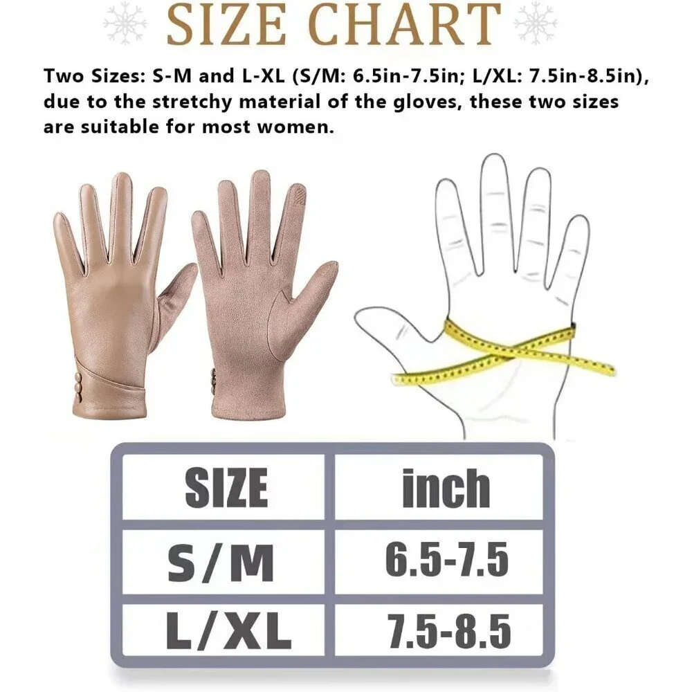 Women's Winter Leather Gloves Touch Screen Wool Lined Windproof Warm Suede Beige