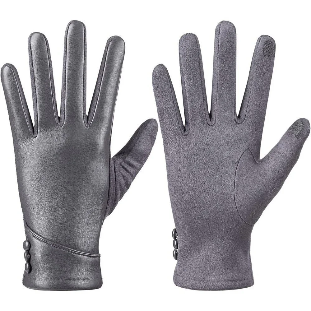 Women's Winter Leather Gloves Touch Screen Wool Lined Windproof Warm Suede Grey