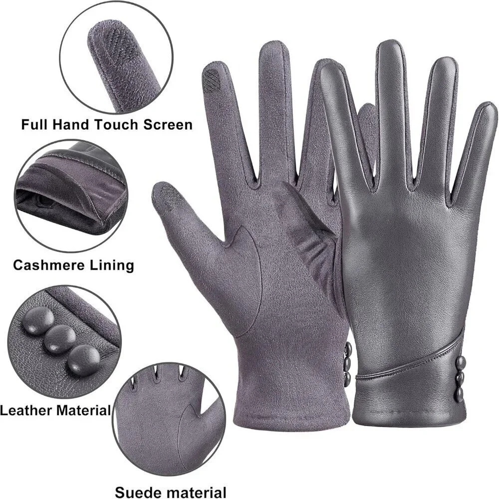 Women's Winter Leather Gloves Touch Screen Wool Lined Windproof Warm Suede Grey