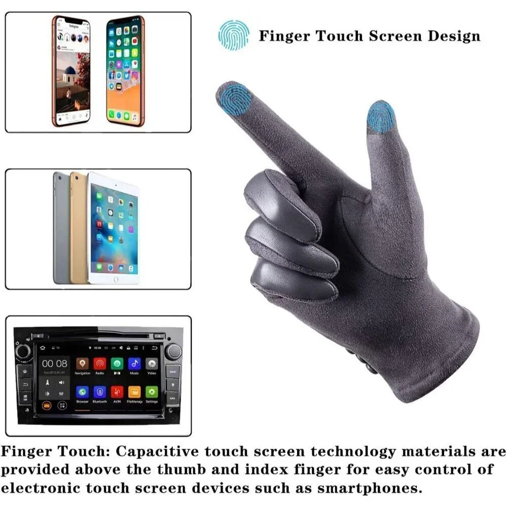 Women's Winter Leather Gloves Touch Screen Wool Lined Windproof Warm Suede Grey