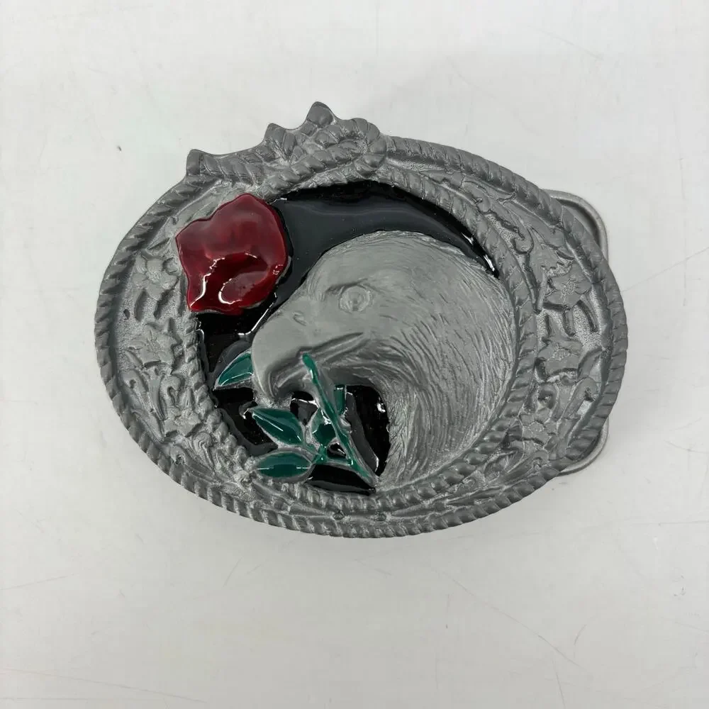 Eagle Belt Buckle Red Rose Enamel Western Americana Top Pewter