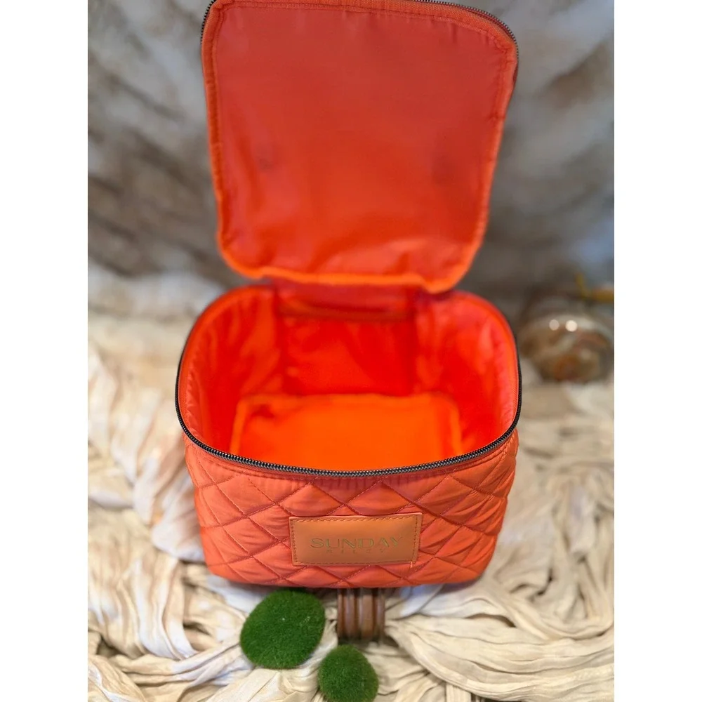 Sunday Riley Orange Quilted Nylon Travel Makeup Bag Vanity Case Zip Closure
