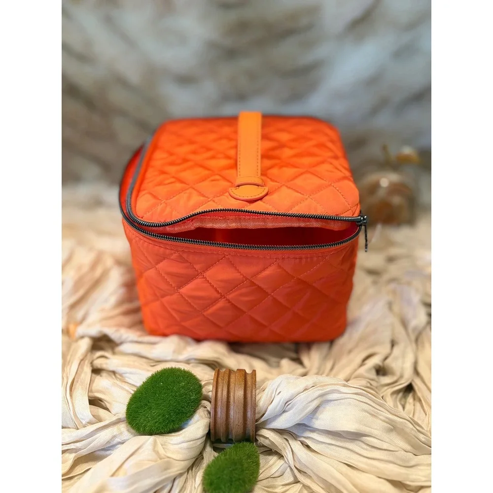 Sunday Riley Orange Quilted Nylon Travel Makeup Bag Vanity Case Zip Closure