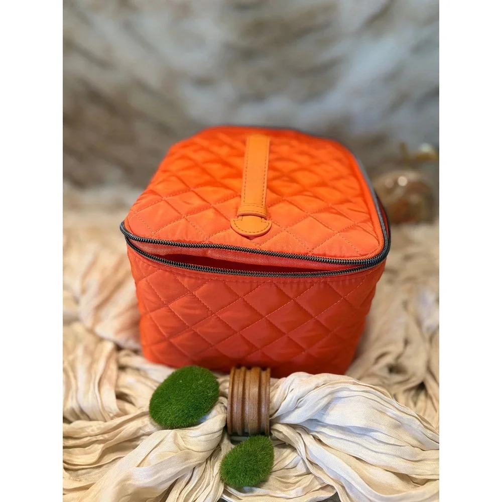 Sunday Riley Orange Quilted Nylon Travel Makeup Bag Vanity Case Zip Closure