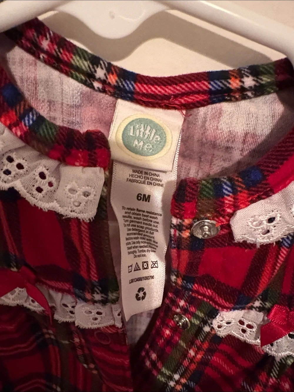 Little Me Red Plaid Footed One-Piece with White Lace Trim