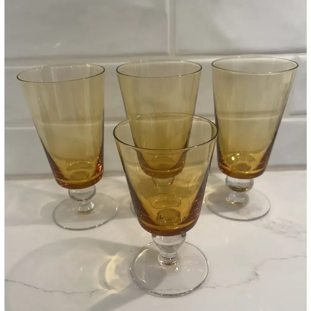 Vtg Set Of 4 Amber Crystal Iced Tea Glasses Bubble Accent Stems 3 Lg And 1 Small