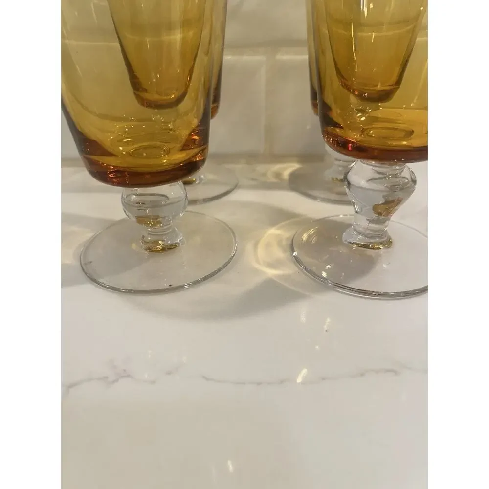 Vtg Set Of 4 Amber Crystal Iced Tea Glasses Bubble Accent Stems 3 Lg And 1 Small