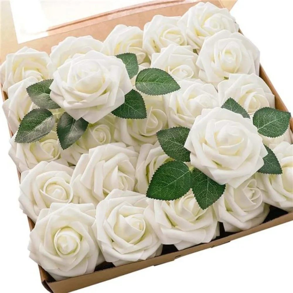 Artificial Flowers 25pcs Real Looking Ivory Foam Fake Roses with Stems