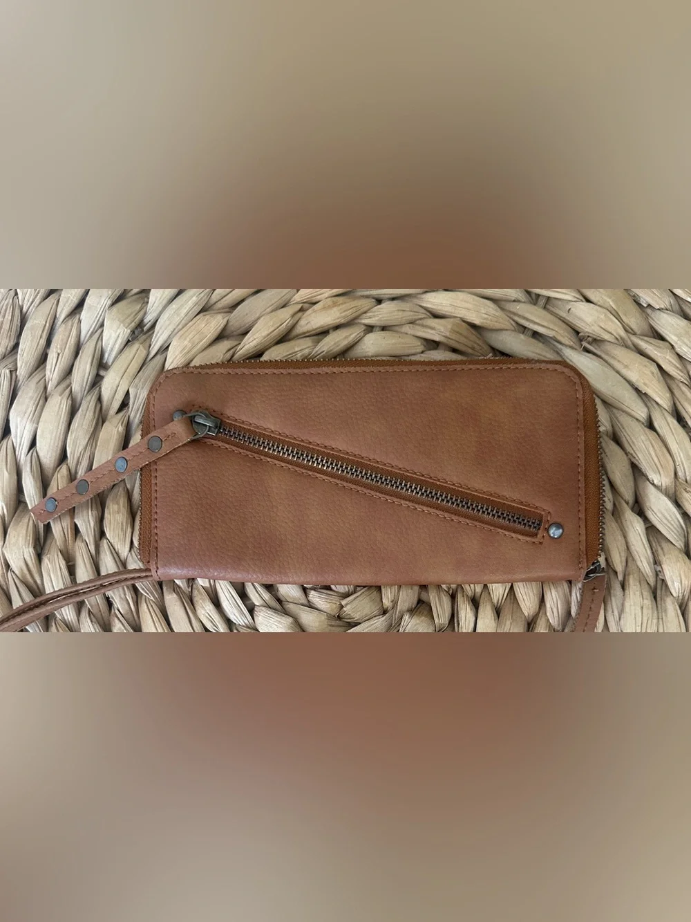 Free People Distressed Vegan Leather Continental Wallet Wristlet Brown Boho