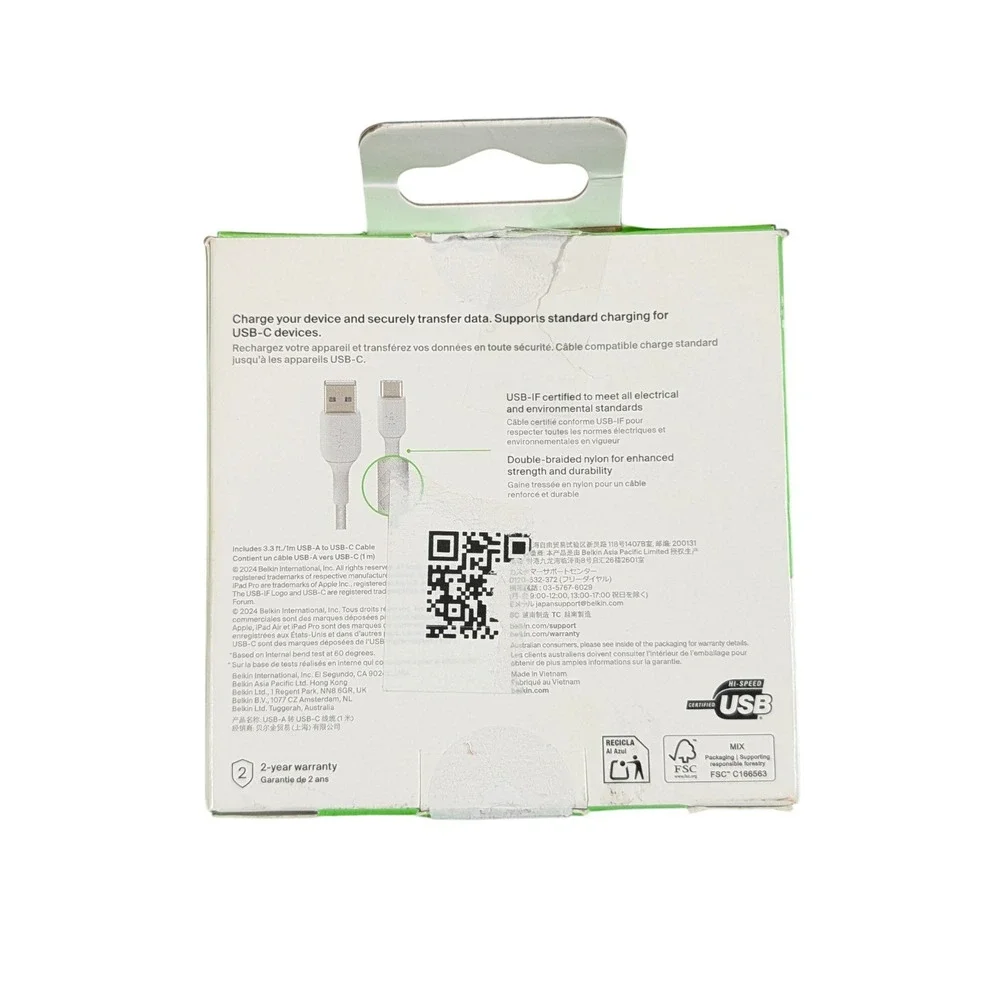 Cc9O-P Belkin BoostCharge Braided USB-C‎ to USB-A Cable 3.3ft - White, Poly