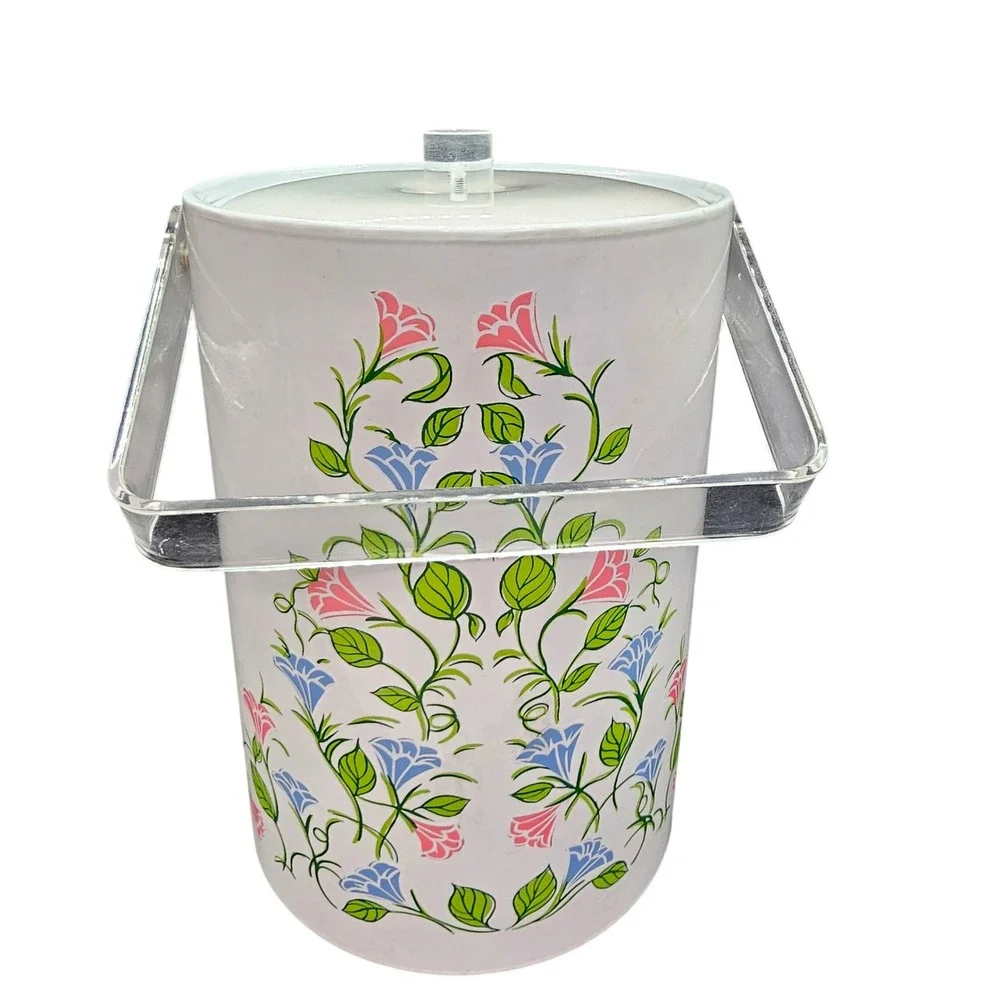 Vintage 1960s Ice Bucket White‎ Enamel Floral Lucite Handle MCM Barware