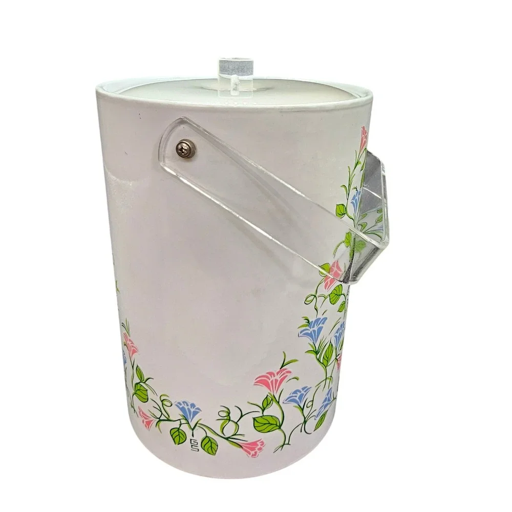 Vintage 1960s Ice Bucket White‎ Enamel Floral Lucite Handle MCM Barware
